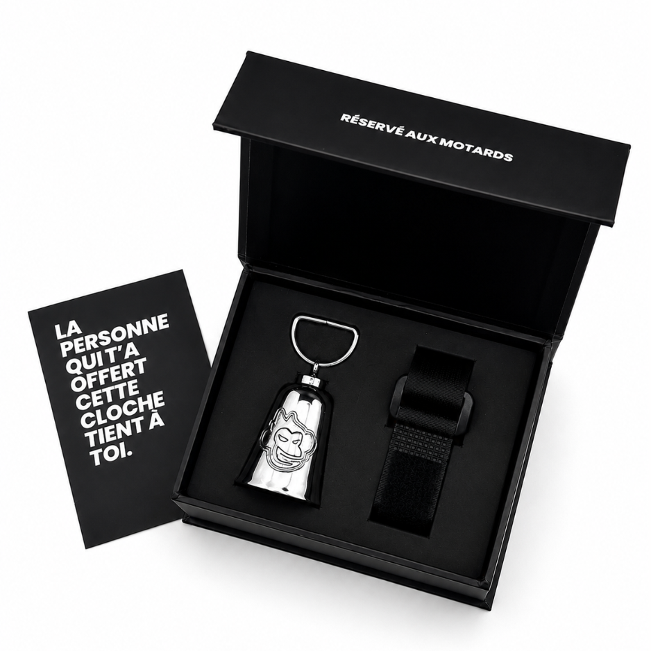 Guardian Bell Eda Bike — coffret cadeau ouvert avec clochette chrome