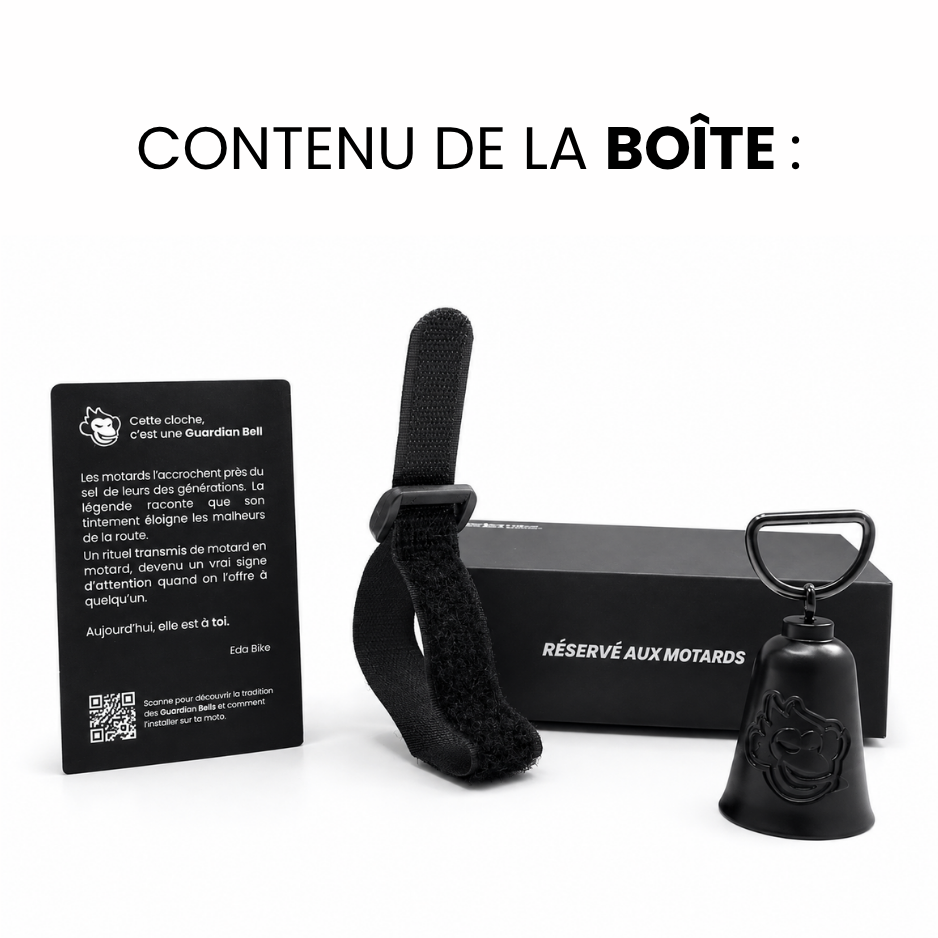 Contenu de la boîte Guardian Bell — carte, sangle, coffret et clochette