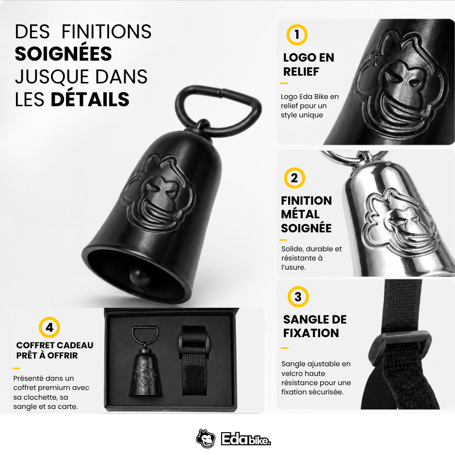 Finitions soignées — logo en relief, métal, sangle et coffret cadeau